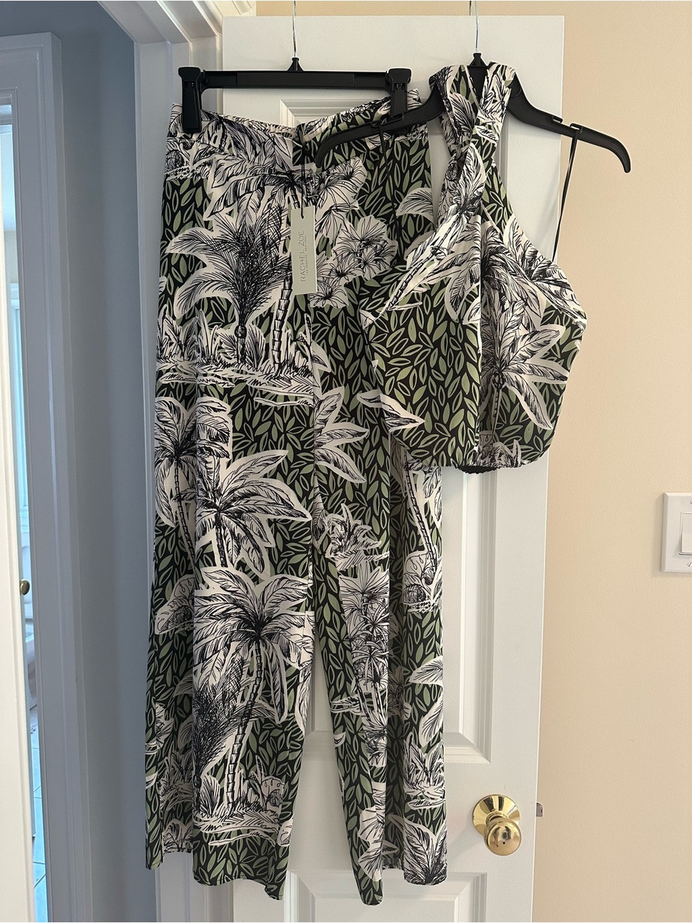 Rachel Zoe Olive and White Tropical Print Wide Leg Jumpsuit Set